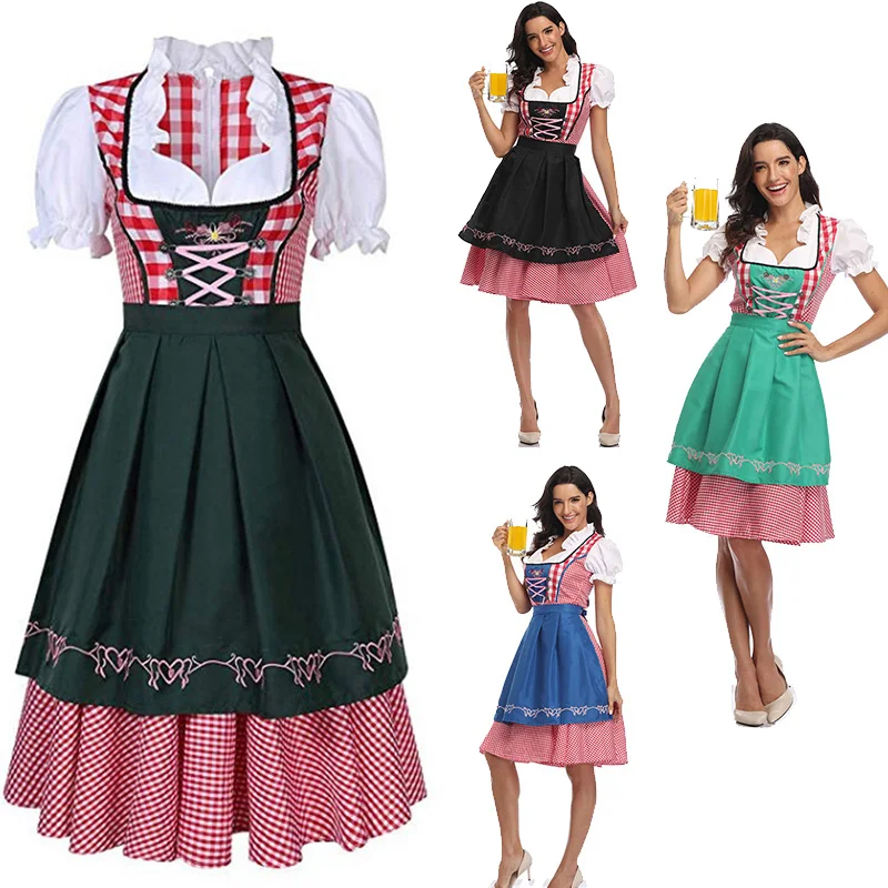 Lady Dirndl Oktoberfest Dress Women Costume Bavarian National Pink Plaid Clubwear Cosplay Halloween Carnival Fancy Dress Party