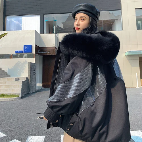 

Luxury brand 2023 Winter Hooded Big Warm Fox Collar Parkas Fashion Black Thick Rex Rabbit Fur Liner Jacket Doudoune Femme Gmm713