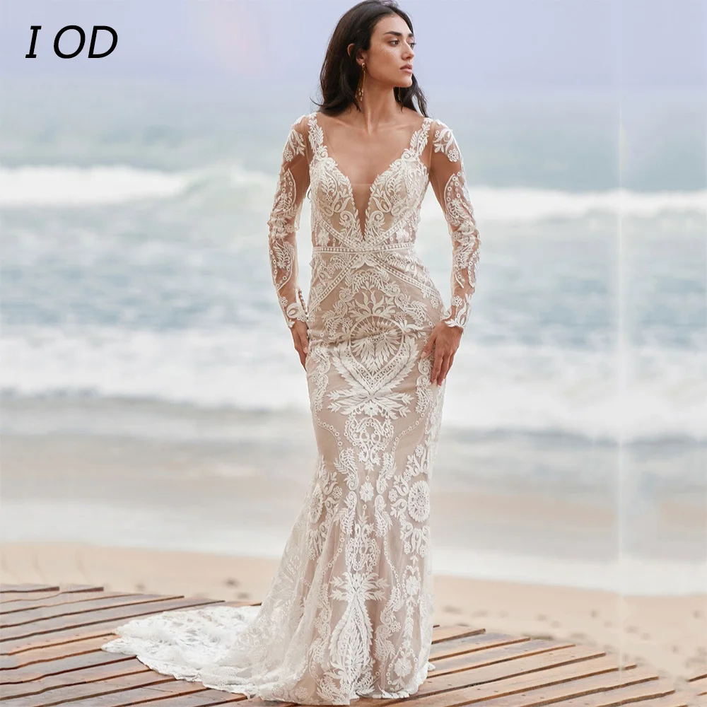 

I OD BOHO V-Neck Mermaid Wedding Dresses Elegant Long Sleeves Illusion Button Lace Bridal Gown Floor Length Vestidos De Novia
