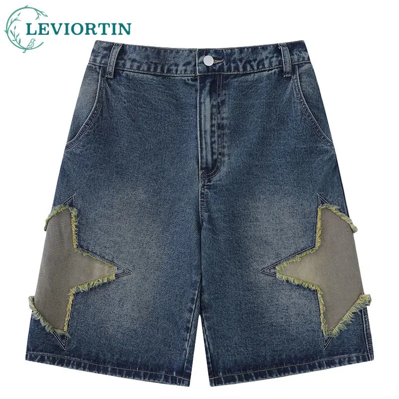 

Men Jeans Shorts Y2K Harajuku Retro Embroidery Star Patch Baggy Denim Shorts Streetwear Summer Fashion Casual Short Pants Blue