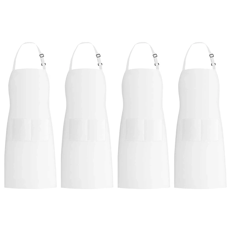

4 Pack Bib Aprons With 2 Pockets Adjustable Kitchen Cooking Chef Apron, White
