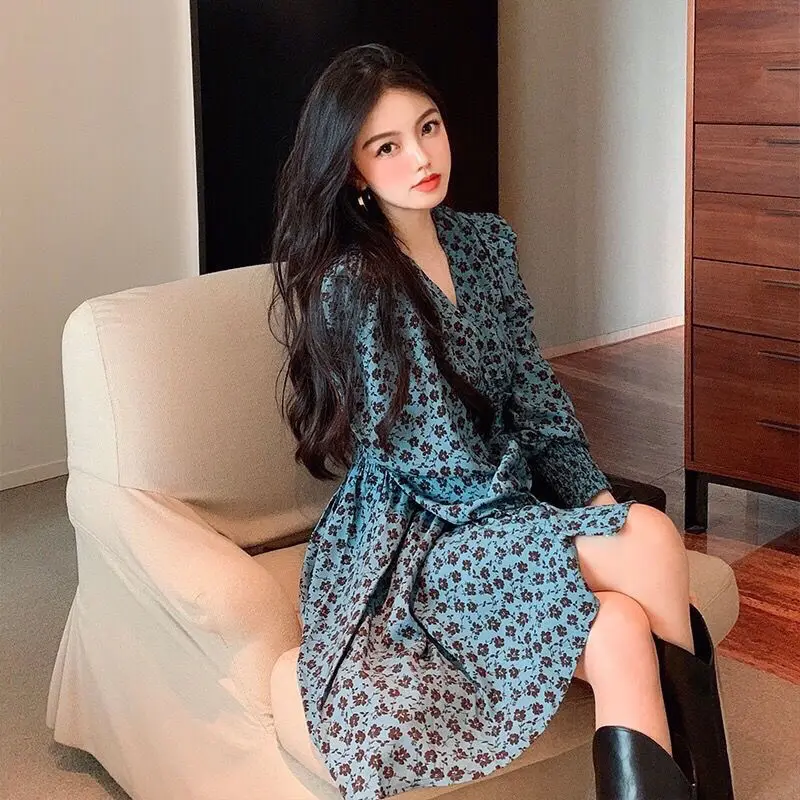 

Женское шифоновое платье в горошек, Красное длинное платье с V-образным вырезом, в Корейском стиле