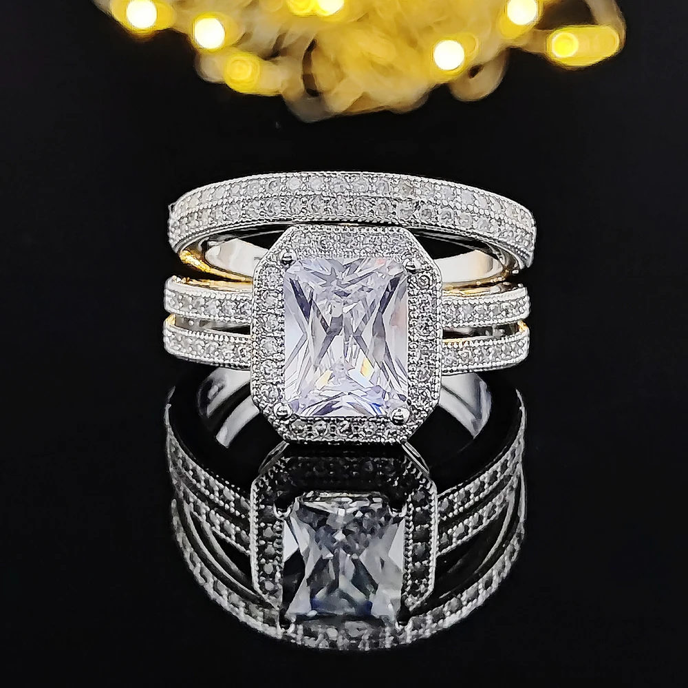 

Hot selling luxury princess silver color bride wedding ring set for women lady anniversary gift jewelry wholesale moonso R5116
