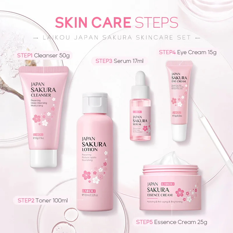 

Sakura Skin Care Sets Face Cream Eye Cream Facial Cleanser Acne Blackhead Remover Cleaning Glowing Korean Cosmetics Skincare