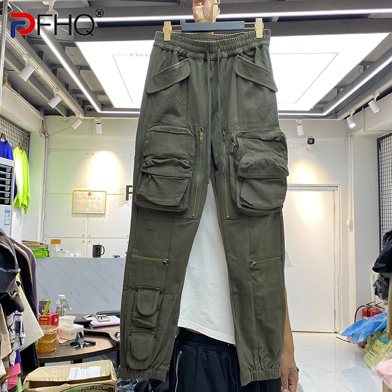 

PFHQ 2023 Spring Men's Trendy Many Pockets Cargo Pants Casual Hiking Tactical Overalls Fashion Loose Stretch Safari Trousers New