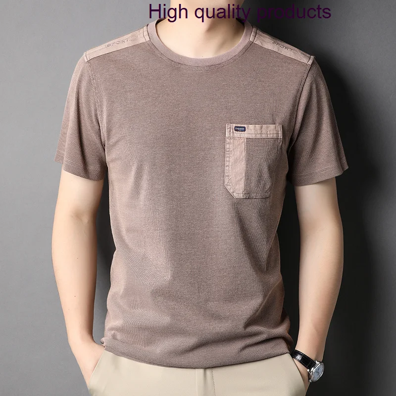 

Футболка мужская хлопковая с коротким рукавом, однотонная Повседневная тенниска с круглым вырезом и одним карманом, 3XL, лето