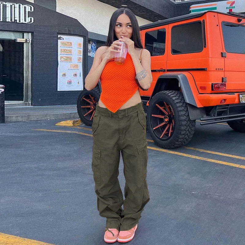 

High street fashion sports GRIL hot 2022 women's INS beauty overalls low waist pleated pocket stitching casual trousers