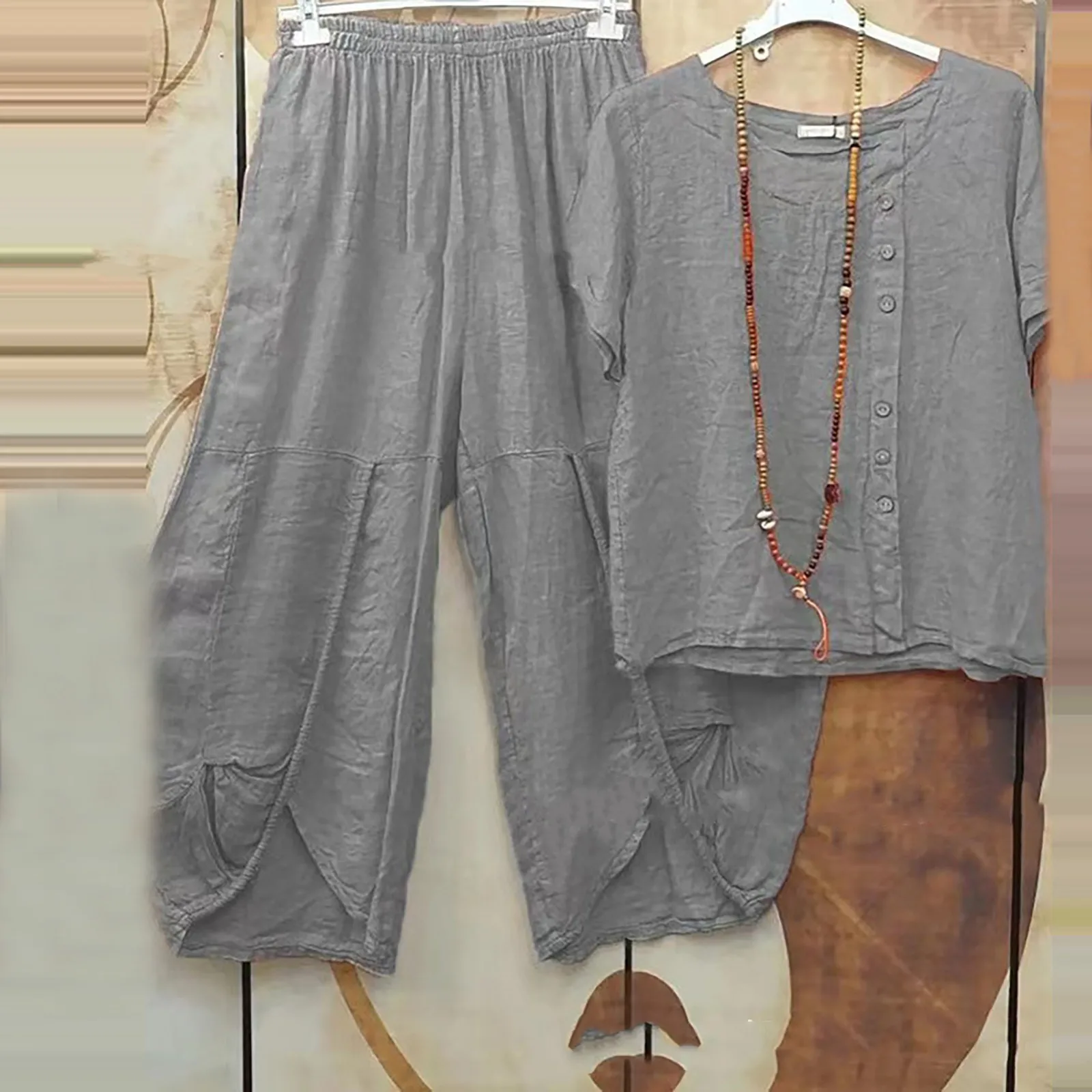 

2023 Sprind Summer Cotton Linen Women's 2 Piece Sets Outfits Elegant Casual Plus Size Matching Set Women's Suit Blouse Pants Set