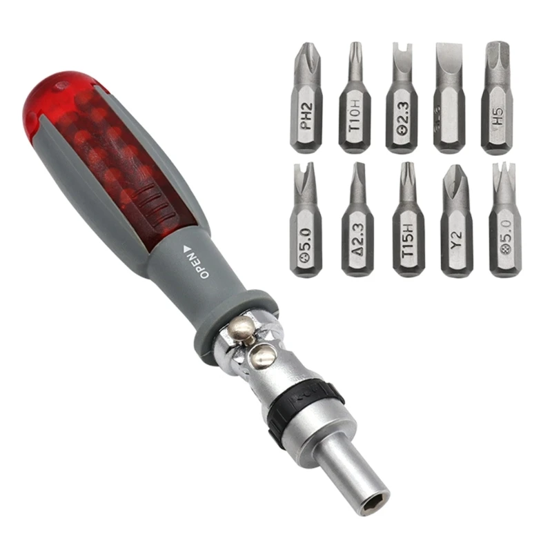 

Pocket Size Ratcheting Screwdriver with 10 Bit Set Folding Design Screwdriver