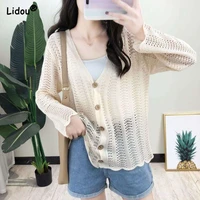 knitted fabric solid color v neck hollow out button casual shirts comfortable loose popularity wild straight womens clothing