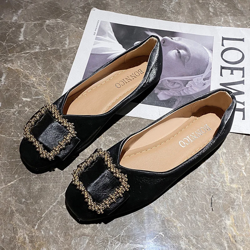 Plus Size Flat Shoes for Women 2023 New Spring Autumn Korean Fashion Checker Diamond Buckle Shoes Shallow Mouth Women's Shoes