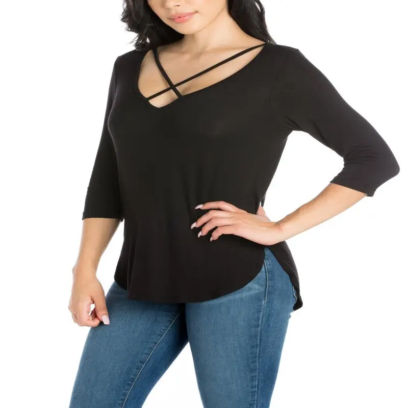 

24/7 Comfort Apparel Women`s Criss Cross Round Hemline Tunic Top