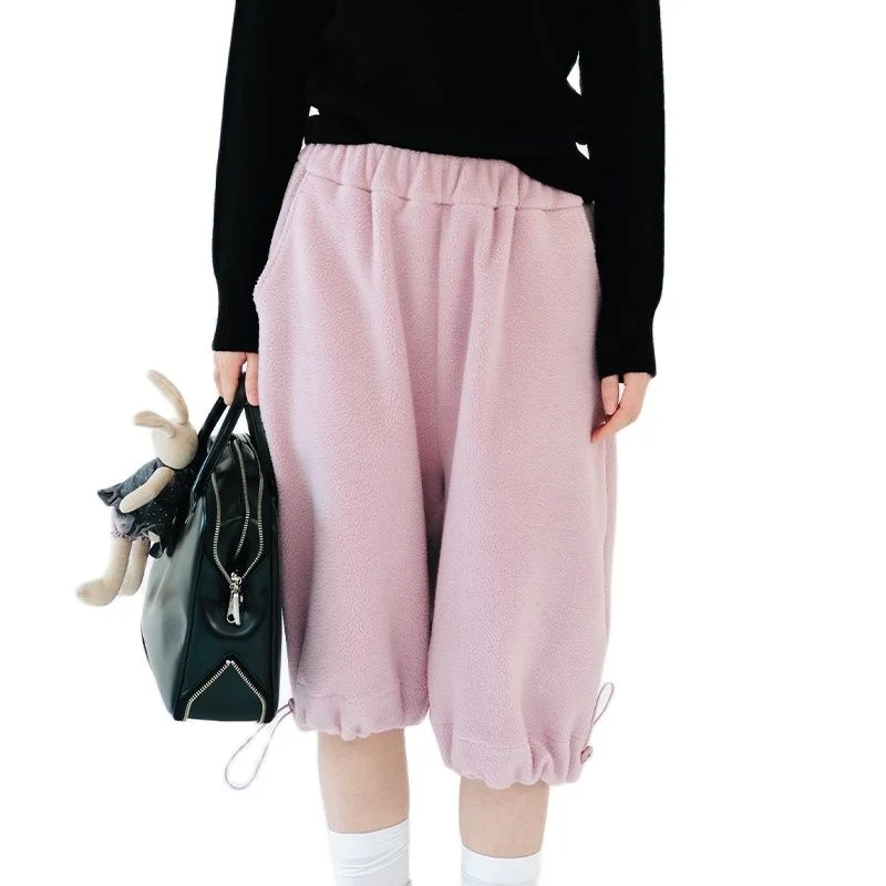 

original design elastic waist warm pink capri pants autumn and winter polar fleece everything match casual shorts