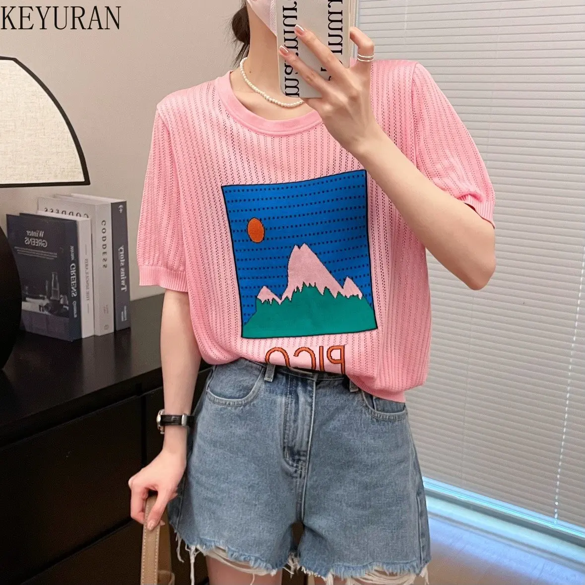 

Женская трикотажная футболка из вискозы, свободная повседневная футболка с коротким рукавом и вырезами в Корейском стиле, новинка на лето
