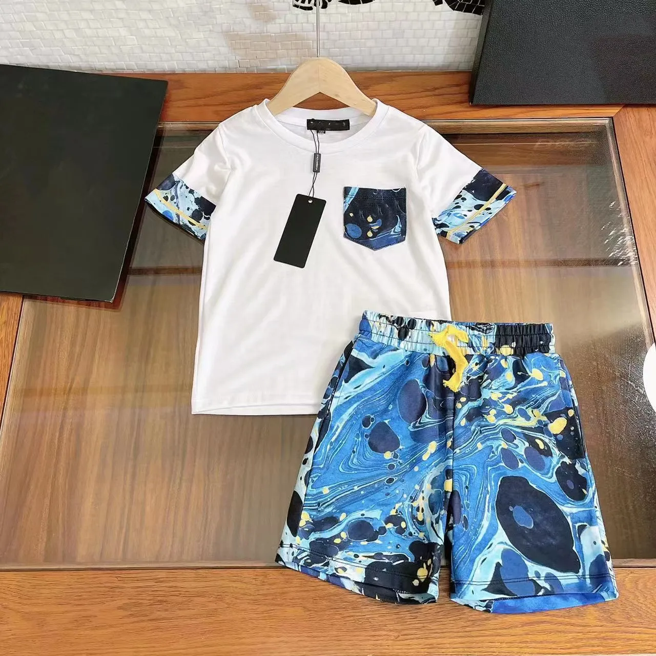 

2022 Summer Fashion seaside Style White T shirt + Blue Brand Short Pants For Brand Boys clothing Set Outwear 2 3 4 6 8 10 12 14Y