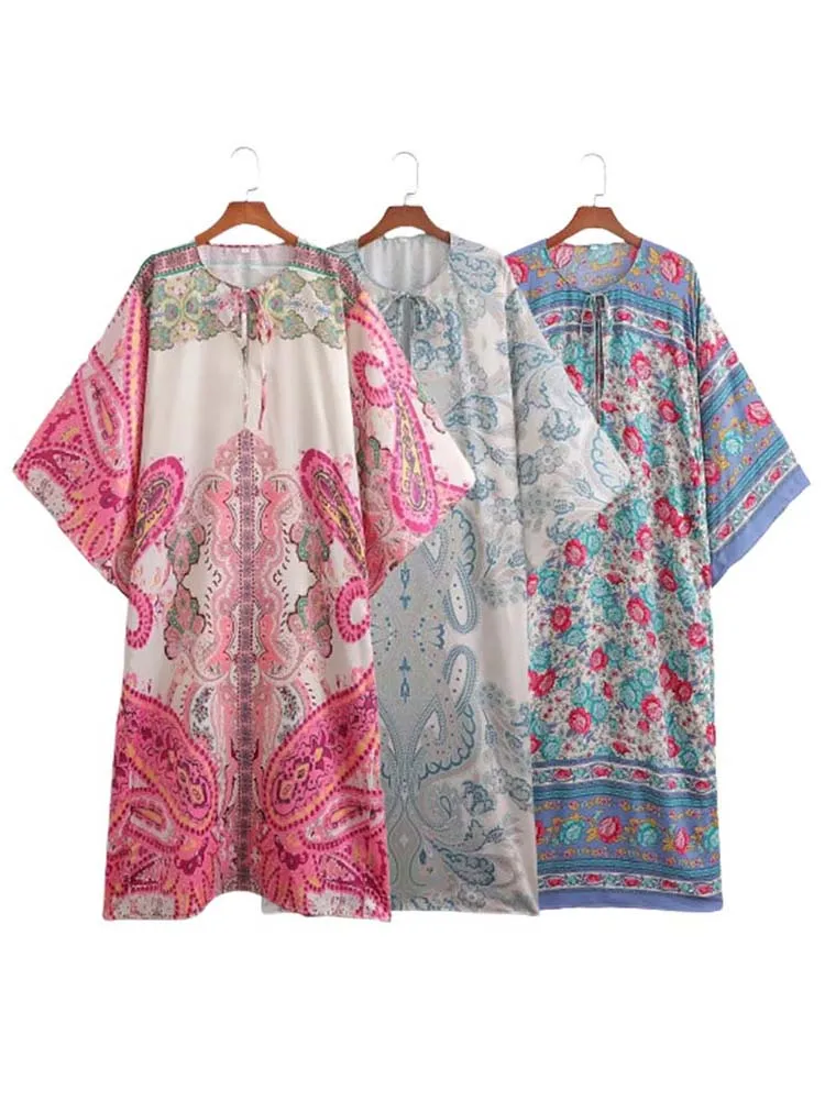 

Кимоно KLKXMYT с принтом TRAF, женское миди-платье в стиле бохо с завязкой на воротнике, женские повседневные платья для женщин 2023, свободные пляж...