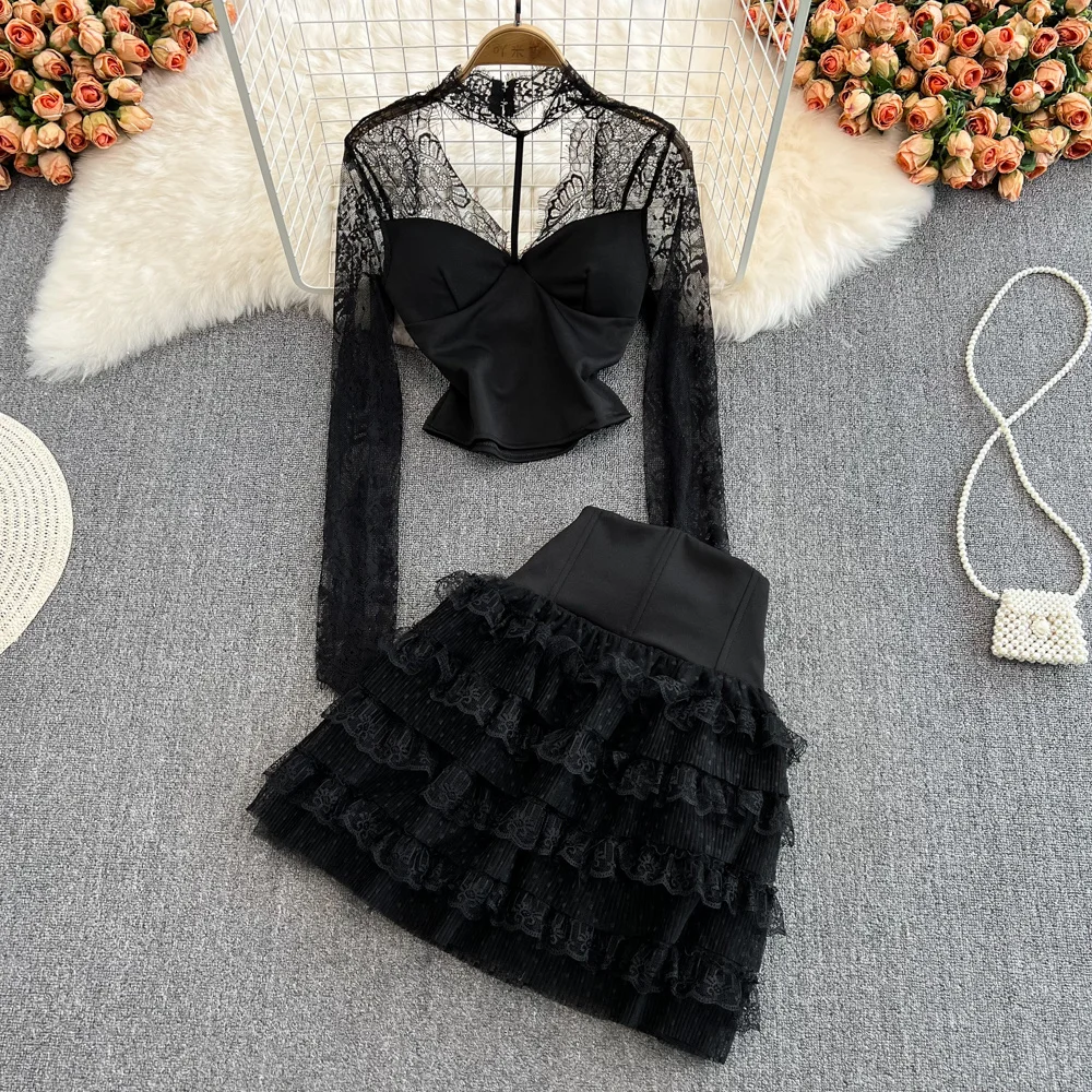Fashion Women Square Neck Transparent Lace Padded Bra Shirt Top 2 Piece Sets With Girl Black White A-line Ruffle Short Skirt