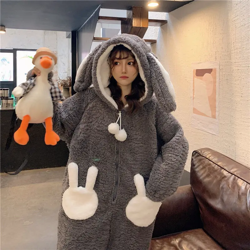 New Student Lovely Thickened Plush Warm Hooded Lambhair Home Clothes One Piece Pajamas for Women Autumn Winter Anime 2023 Cute