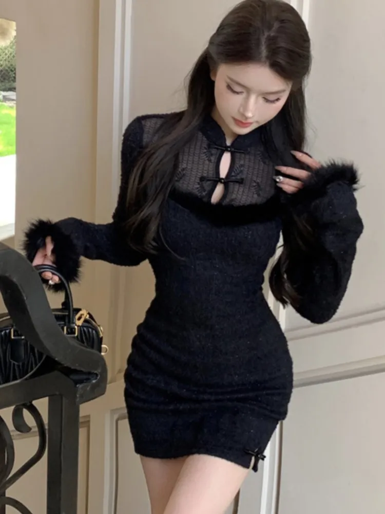 Винтажное мини-платье для женщин в китайском стиле с длинными рукавами