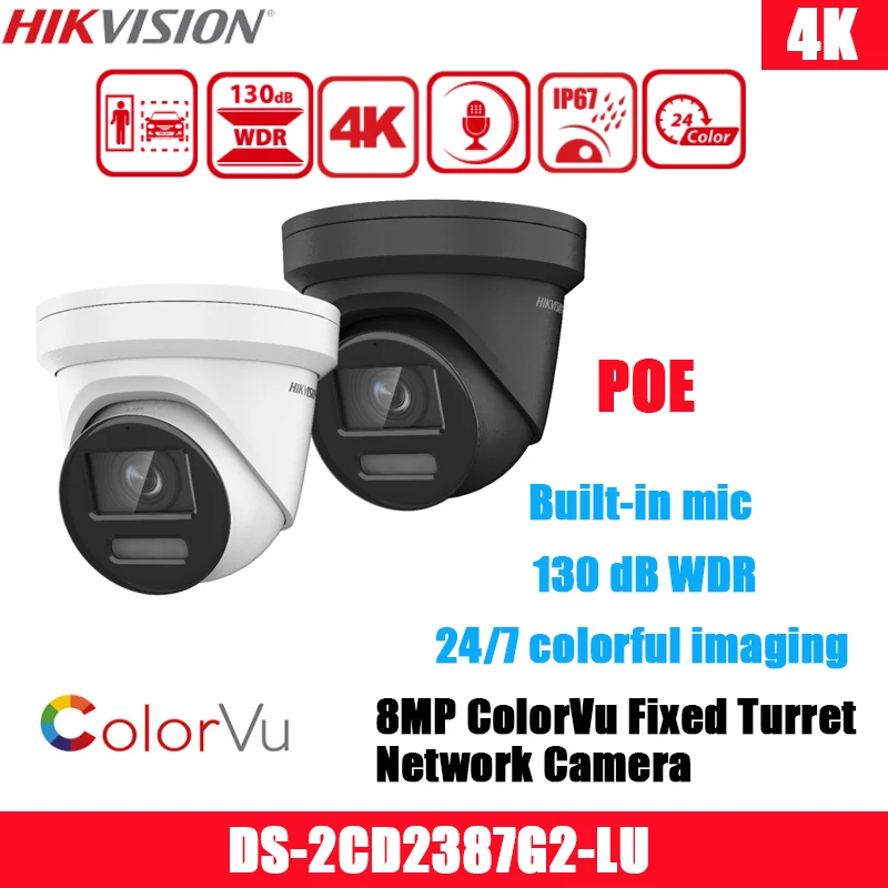 

Hikvision 8MP 4k POE ColorVu IP Camera DS-2CD2387G2-LU H.265+ IP67 130 dB WDR Built-in mic CCTV Fixed Turret Network Camera