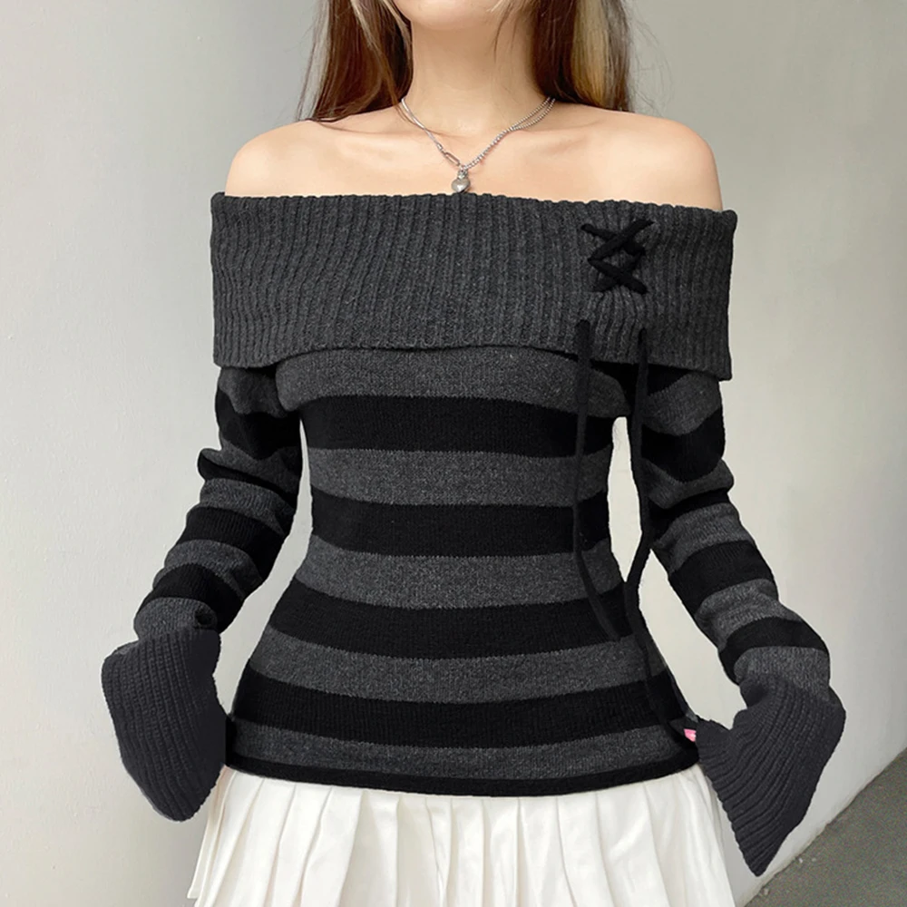 Mia Muse Women's Sweater Autumn Winter French Fashion Comfortable Stripe Long Sleeves Off Shoulder Daily