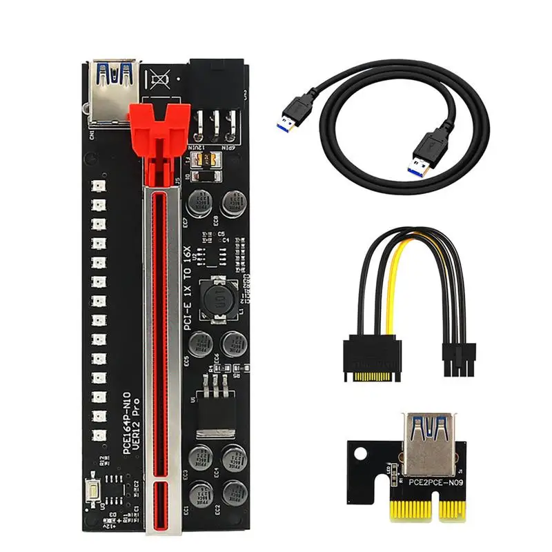 

Ver12 Pro PCIE Riser Graphics Card Extension 6 Pin Power 3528 Colorful LED PCI-E 1X to 16X Extender Adapter for Bitcoin Mining