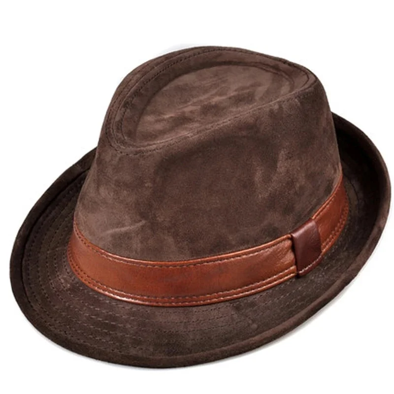 

Men Genuine Leather Suede Cow Skin Nubuck Brown Fedoras Hats Women Gentleman Male Jazz Hip Pop Caps 56-60cm Fitted Hat