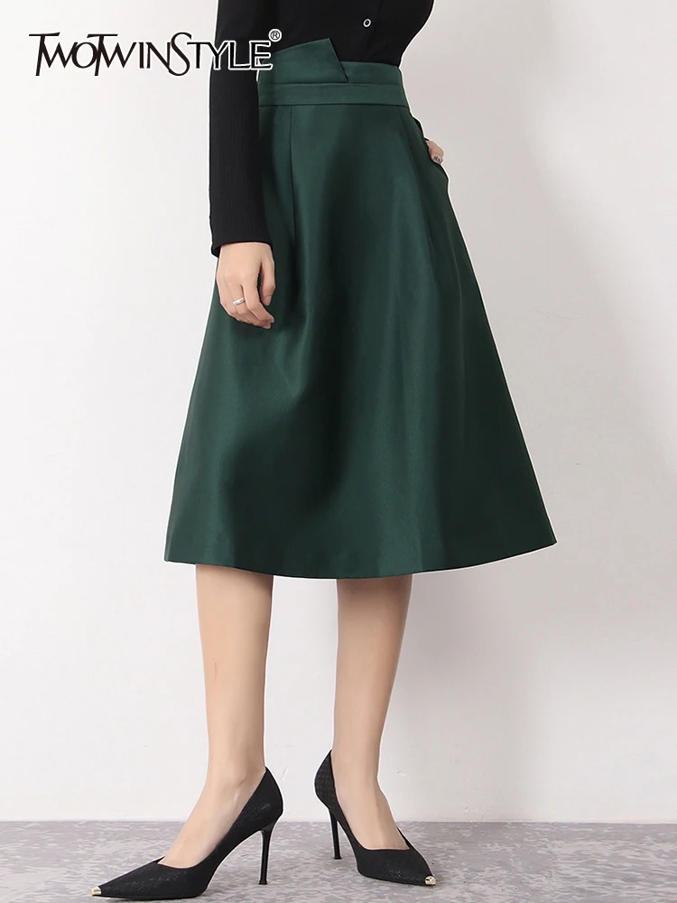 

Twotwin2 Стильная однотонная юбка женская мода 2022 с высокой талией Минималистичная Повседневная трапециевидная юбка миди женская летняя одежд...