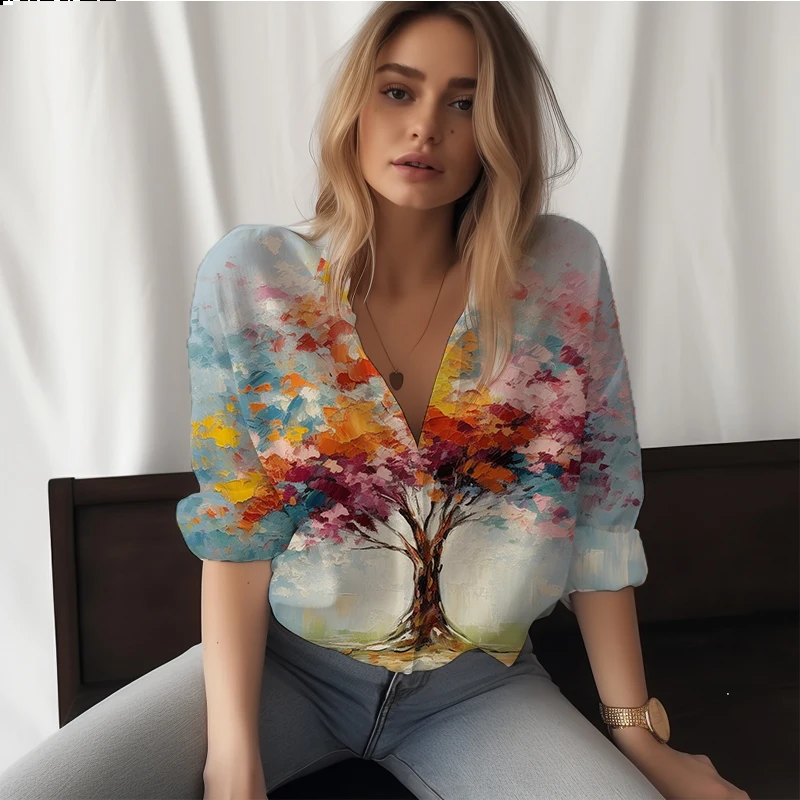 

Summer New Ladies Shirts Colorful Tree 3D Printed Ladies Shirts Casual Style Ladies Shirts Fashion Trend Ladies Shirts