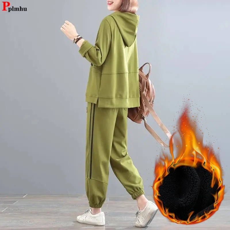 

Зимний теплый комплект из 2 предметов, топ с капюшоном и плюшевой подкладкой, наряд, с высокой талией, длиной до щиколотки, мешковатые толстые брючные брюки-султанки, костюм оверсайз