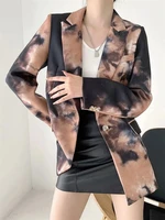 ink printed patchwork blazer 2021 women vintage single button mid length casual office blazer suit new fashion simple streetwear