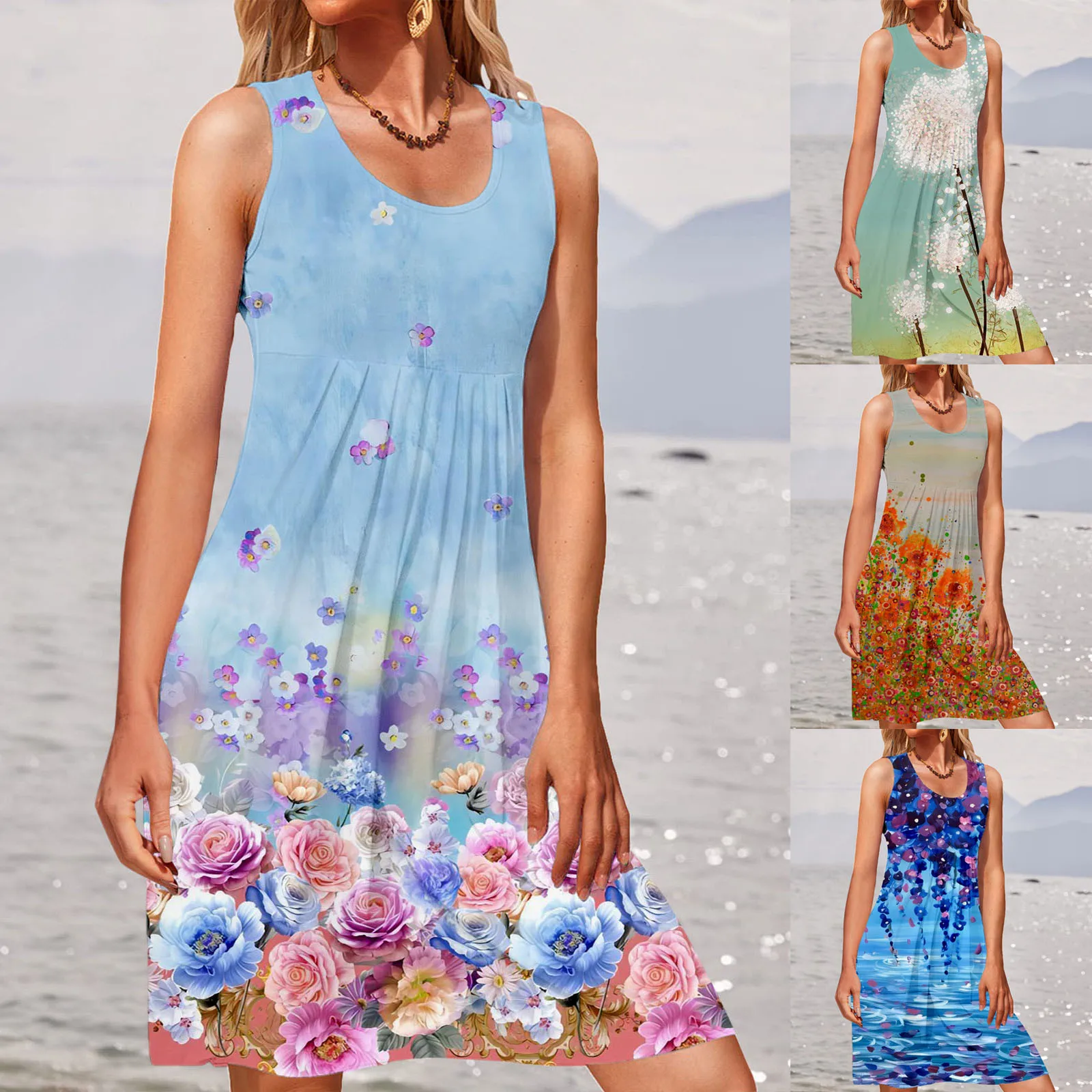 

Женская летняя повседневная майка с круглым вырезом без рукавов, Повседневное платье с цветочным принтом, туника для женщин, льняные платья для женщин, повседневное летнее платье