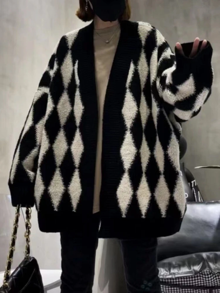 

Fashion Women Sweaters 2023 Winter Korean Fashion Long Sleeve Top LOOSE Color Block Knitwears Cardigan Temperament V-Neck Coat