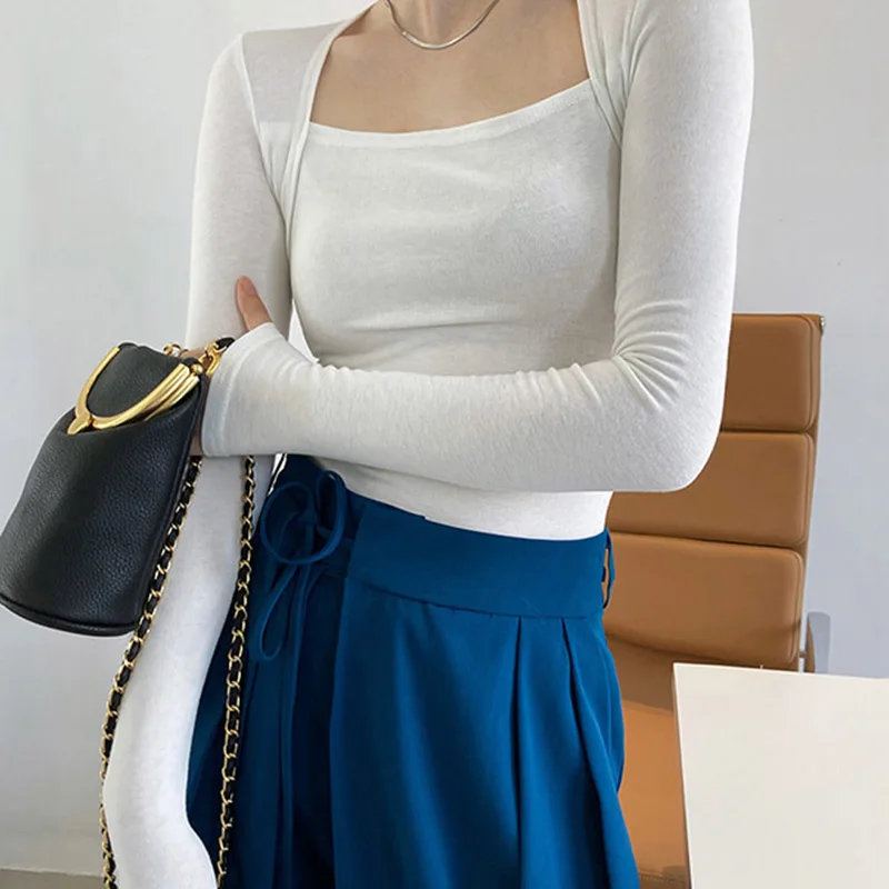 2024 французская нежная футболка с длинным рукавом и квадратным вырезом Женский