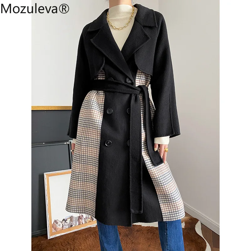 

Mozuleva 2022 Hand-Stitched Wool Double-Sided Plush Splice Contrast Coat Double Breasted Casual Cashmere Wool Coat Women