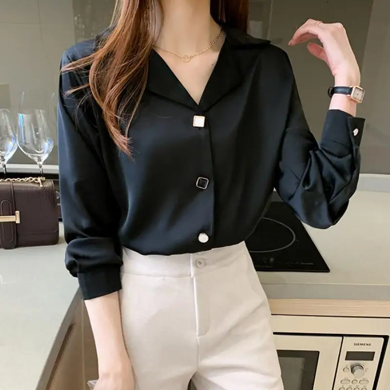 

Button Black Stain Shirt Spring Summer Fashion Blouse 2023 Long Sleeve Turn Down Collar Shirt for Female Solid Casual Clothing