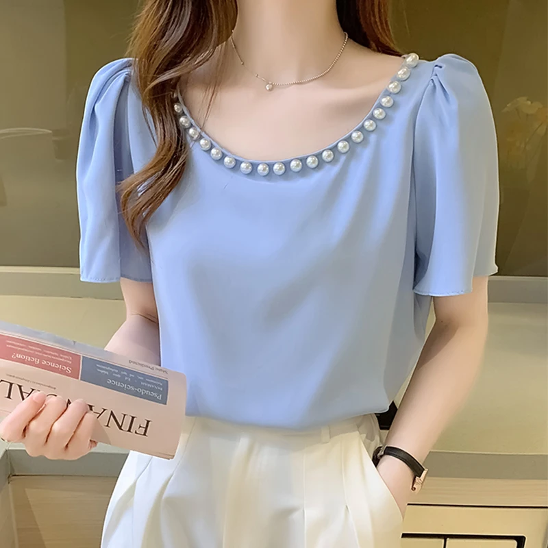 

Женская шифоновая блузка с коротким рукавом, Повседневная белая офисная блузка с круглым вырезом, корейский стиль, лето 2022