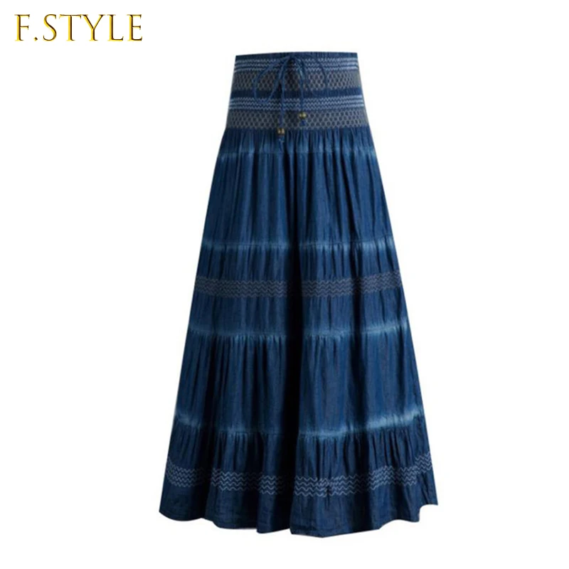 

Повседневные джинсовые юбки, женская джинсовая юбка макси с эластичной завышенной талией, однотонная вечерняя Длинная летняя юбка 2022, плис...