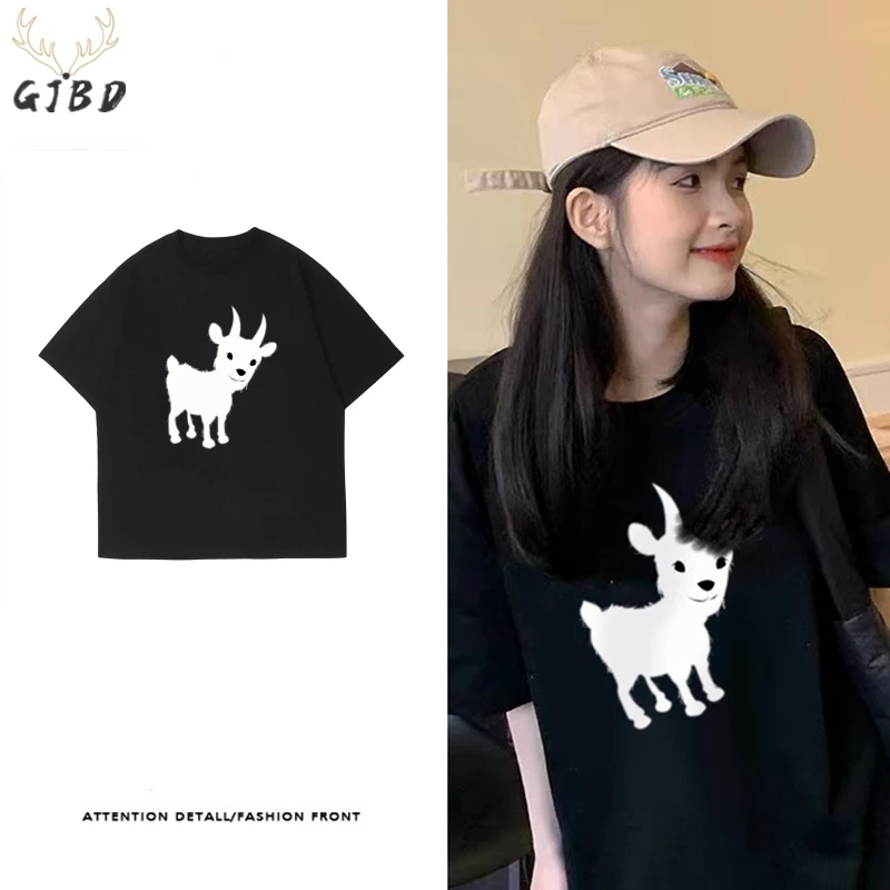 

Summer New Short Sleeve Womens T-Shirt Black Round Neck Street Animal Print Baggy Plus Size Korean Casual Fashion Oversized Tops