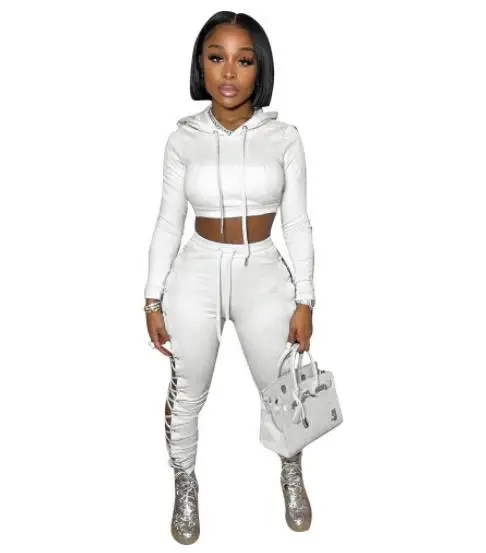 Women Tracksuits Sexy Piece Sets Summer Hollow Out Cross Lace-Up Hoodie Crop Top Solid Color New Casual Drawstring Fitness Suit