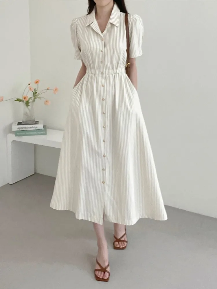 Платье-рубашка женское длинное Плиссированное с пышными короткими рукавами и