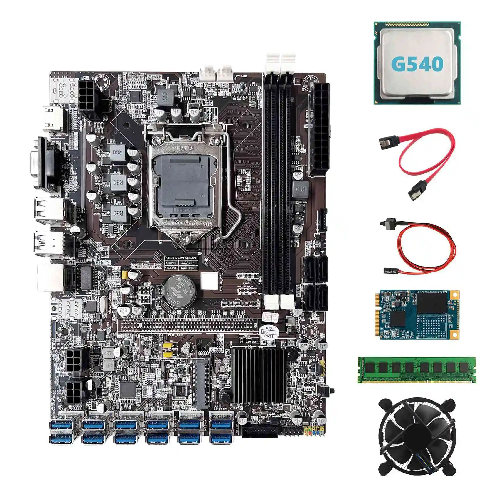 

B75 ETH Mining Motherboard 12XPCIE to USB+G540 CPU+DDR3 4GB RAM+64G SSD+Fan+SATA Cable+Switch Cable LGA1155 Motherboard