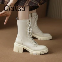 cialisa beige handmade genuine leather concise ankle martins boots round toe winter woman shoes thick platform chunky high heels