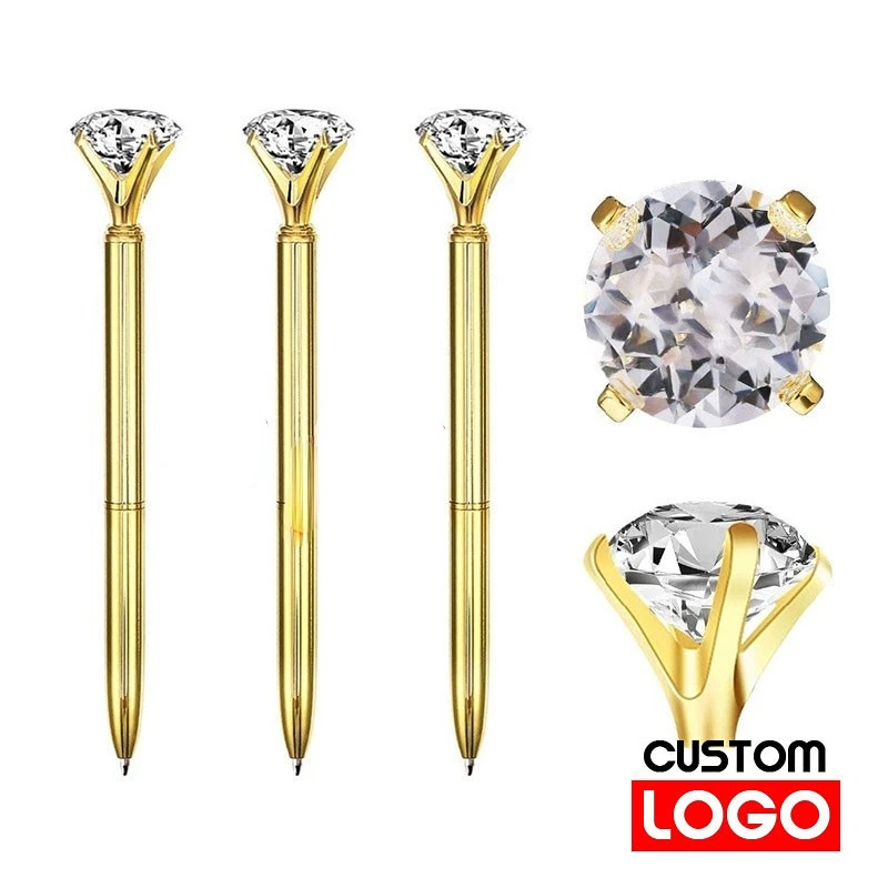 

100 Pcs/lot Large Crystal Diamond Metal Ballpoint Pen Custom Logo Engraving Text Ring Wedding Office Gift Black Blue Ink