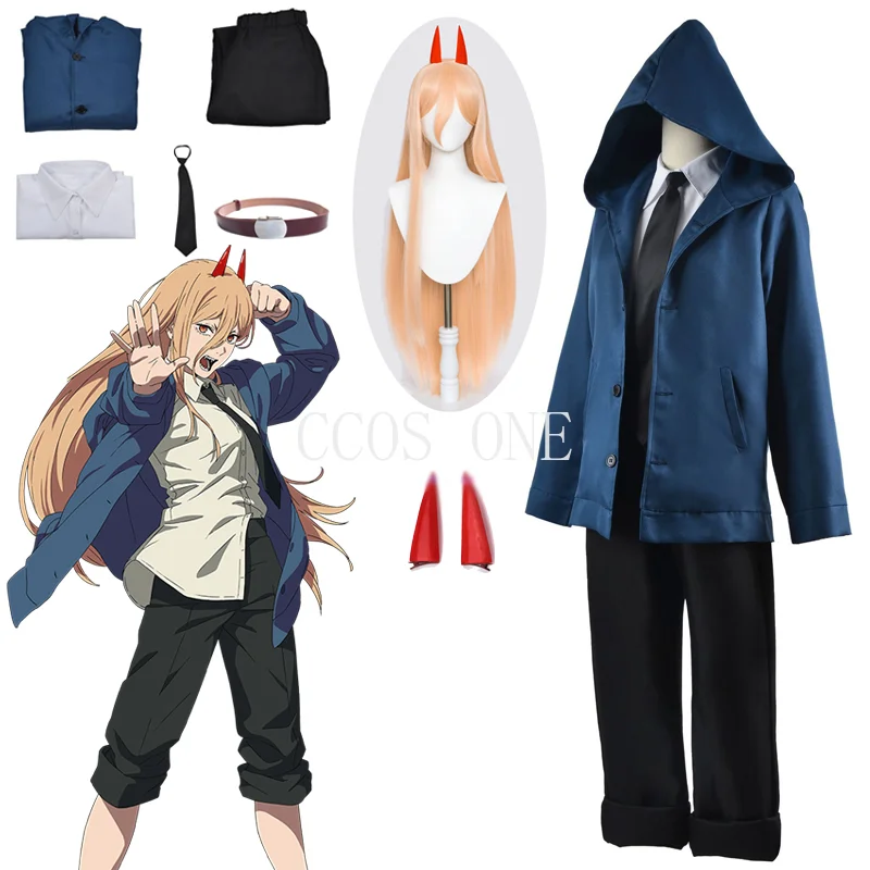 

Anime Power Cosplay Chainsaw Kostum Pria Wanita Biru Kasual Pakaian Jaket Celana Setelan Merah Jepit Darah Set Pesta Halloween