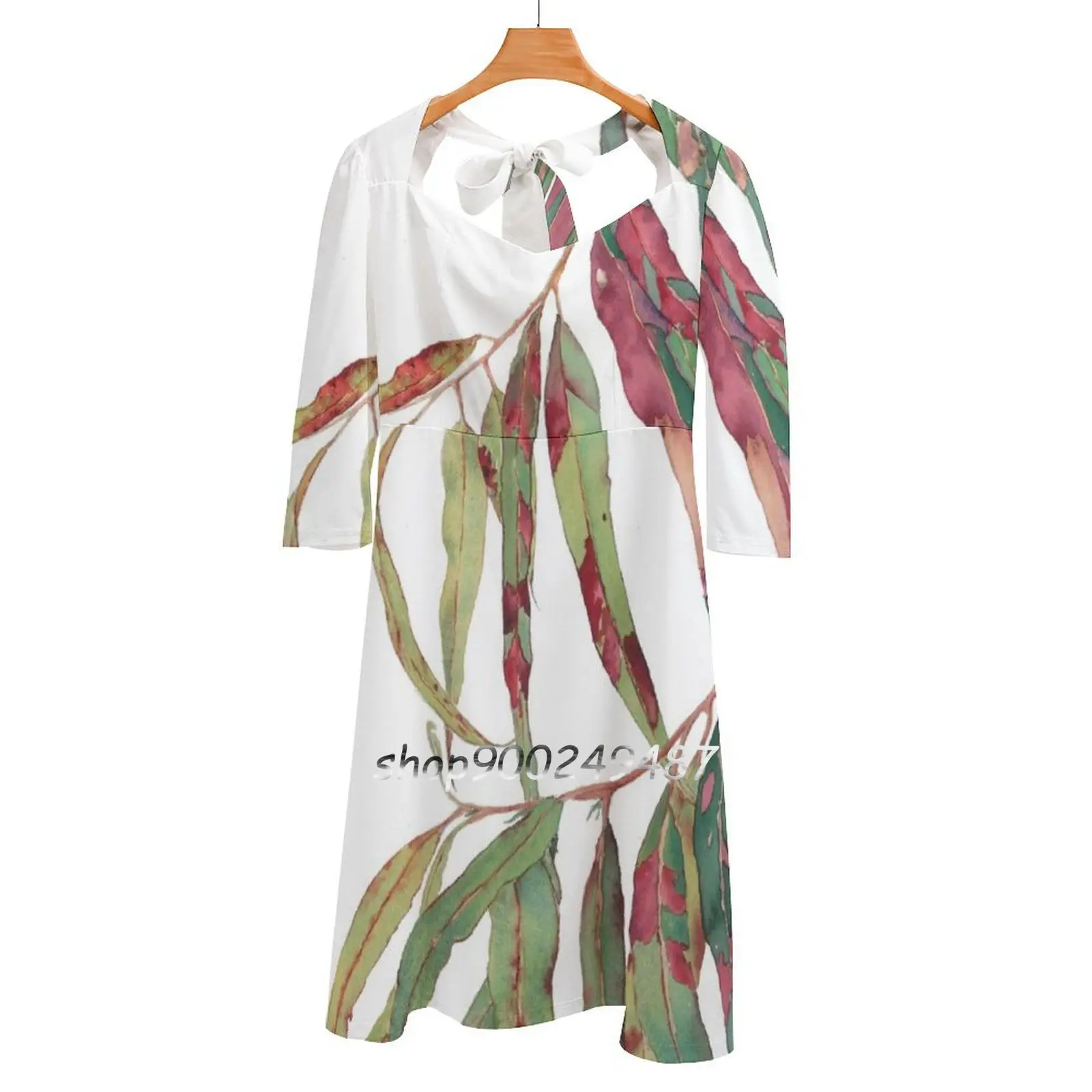 

Женское платье с принтом в виде веточки эвкалипта, Элегантное летнее платье красного цвета с квадратным вырезом и лямкой на шее