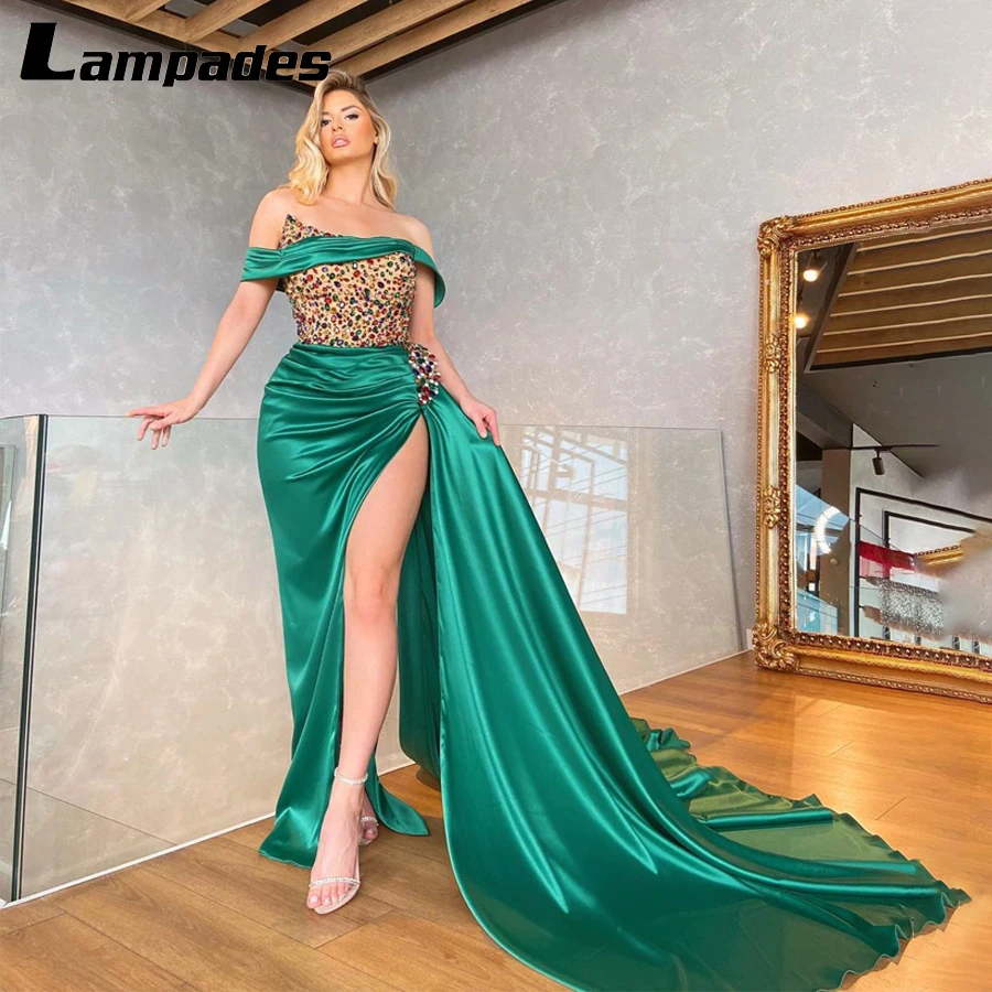 

Off the Shoulder Coloful Crystals A-line Prom Dress Sexy High Slit Luxury Graduation Dress Vestido De Fiesta Mujer Para Una Boda