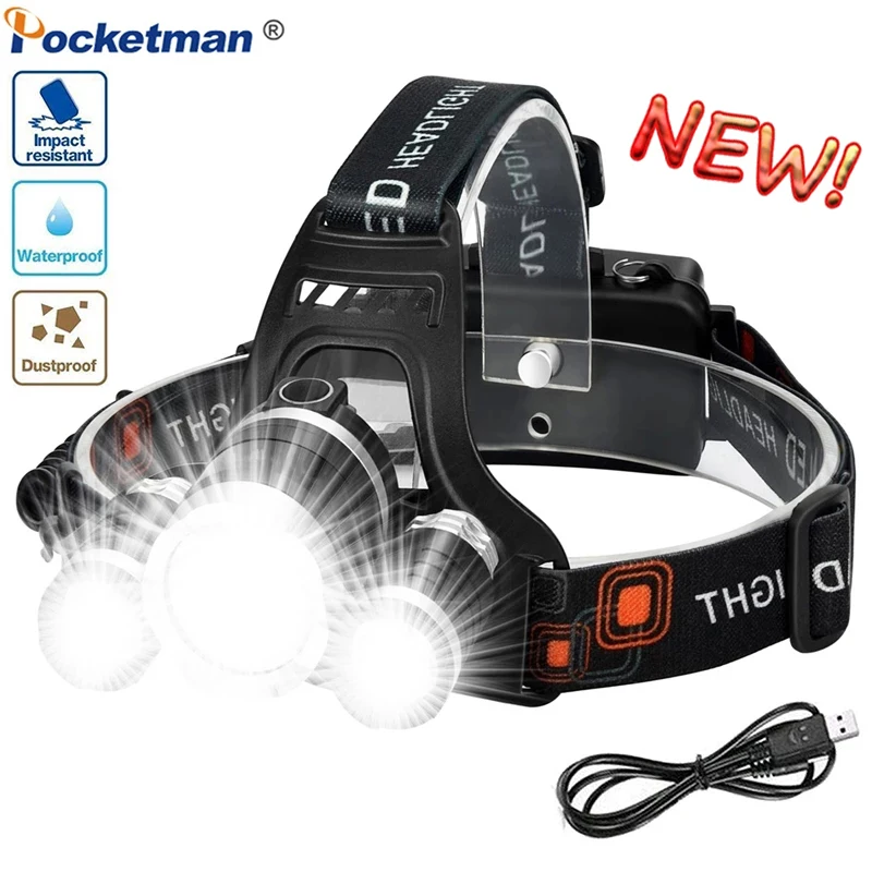 

Фонарь налобный водонепроницаемый с 3 светодиодами и 6 светодиодами, 500 м