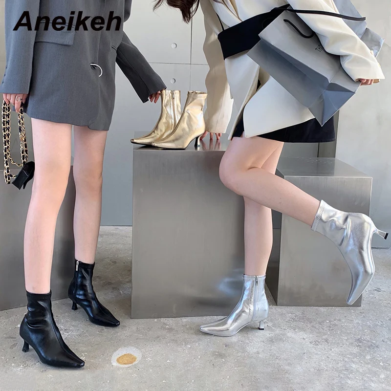 

Aneikeh 2023 Fashion Sexy Patent Leather Pointed Sewing Thin Heel Ankle Boots Women's Spring/Autumn Chelsea Boots Party Dress