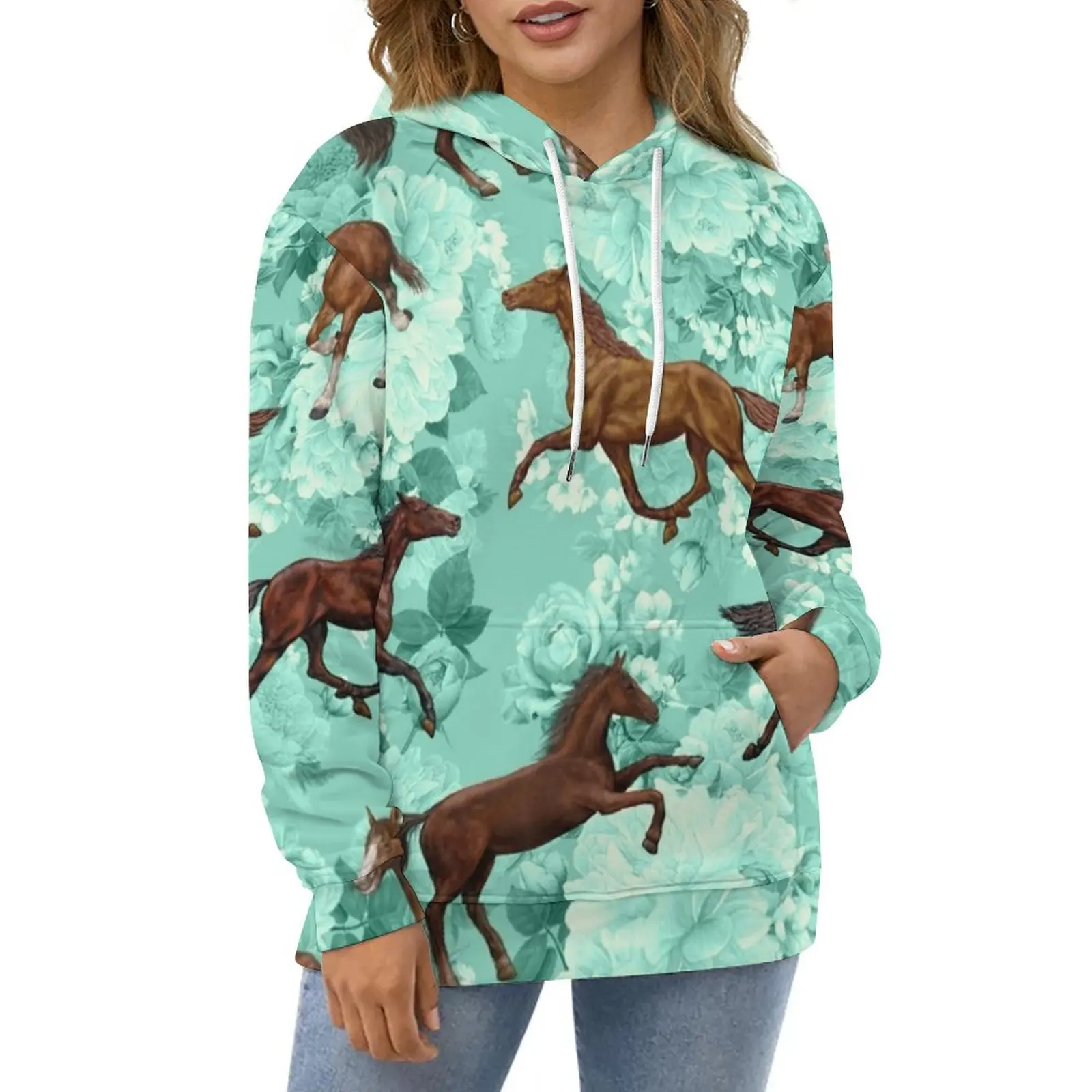 

Cool Running Horses Casual Hoodies Flowers Print Funny Hoodie Long Sleeve Oversize Street Fashion Pattern Loose Sweatshirts
